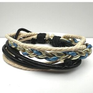 Vintage Braided Cord Faux Leather Layered Wrap Bracelet Black Blue Boho Surf Y2K